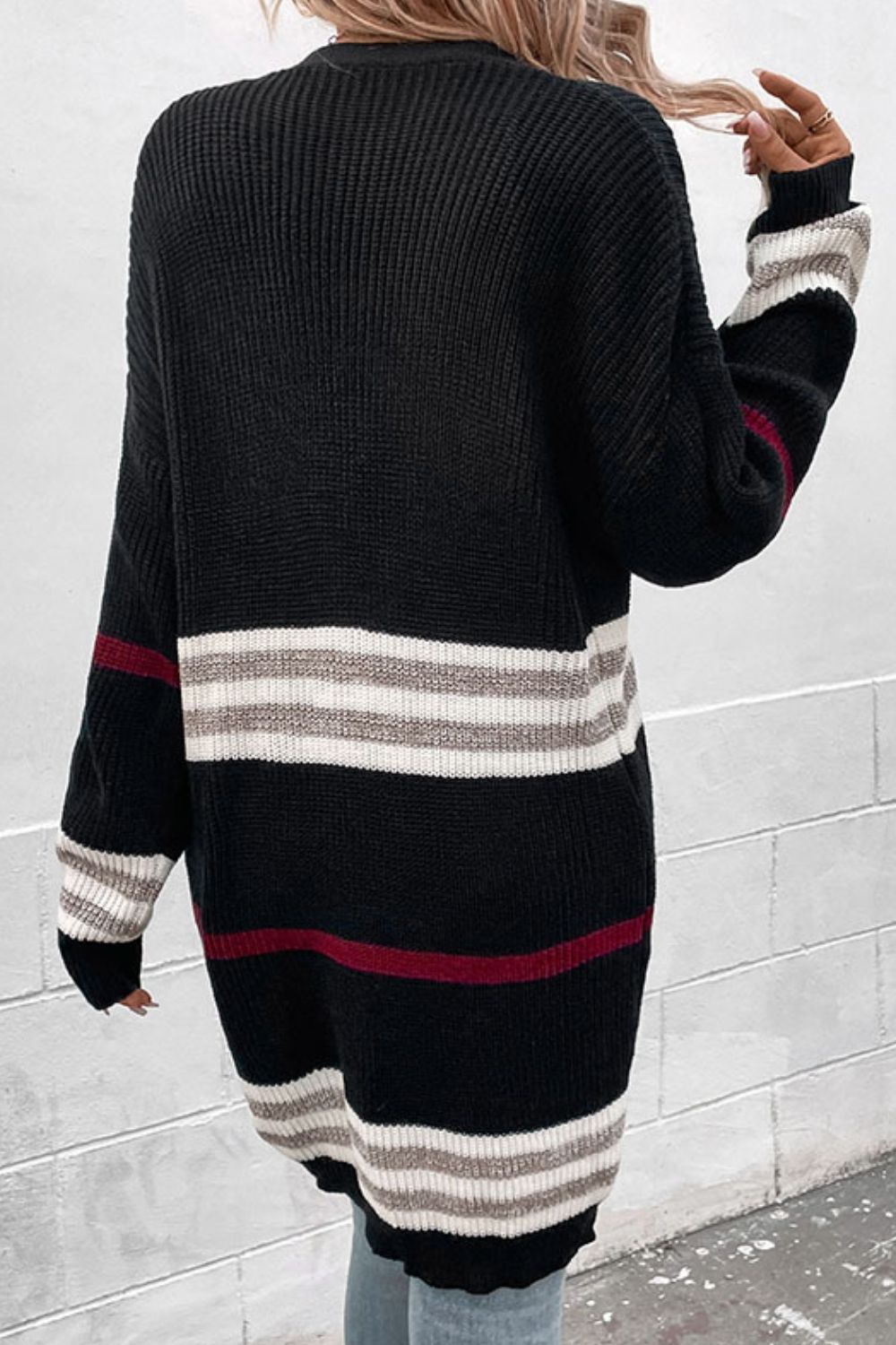 Perfee Striped Rib-Knit Drop Shoulder Open Front Cardigan