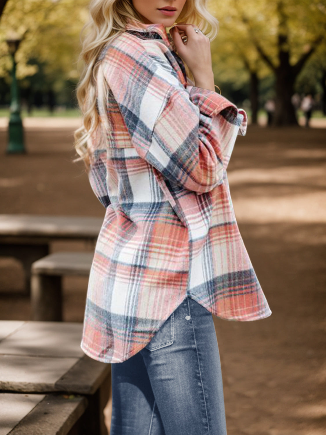 MeiMei Plaid Button Up Dropped Shoulder Shirt