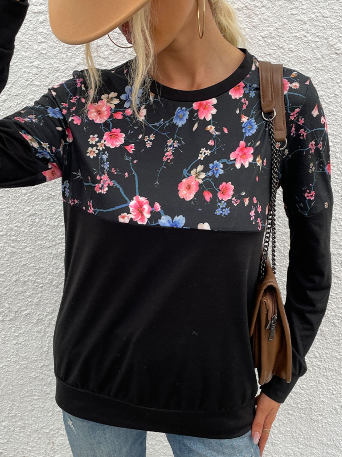 Shiny Floral Print Round Neck Dropped Shoulder Tee