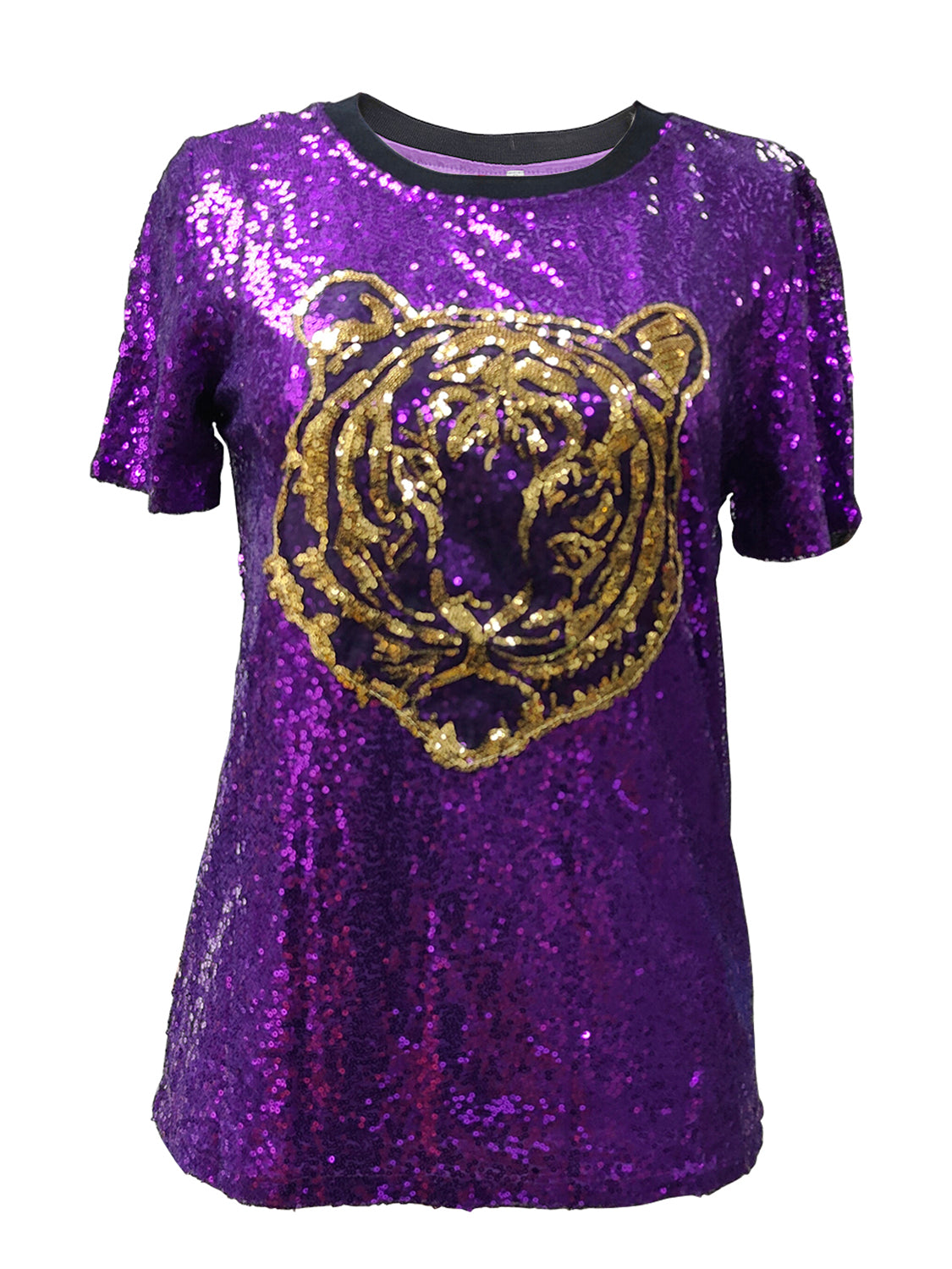 MeiMei Tiger Sequin Round Neck Short Sleeve T-Shirt