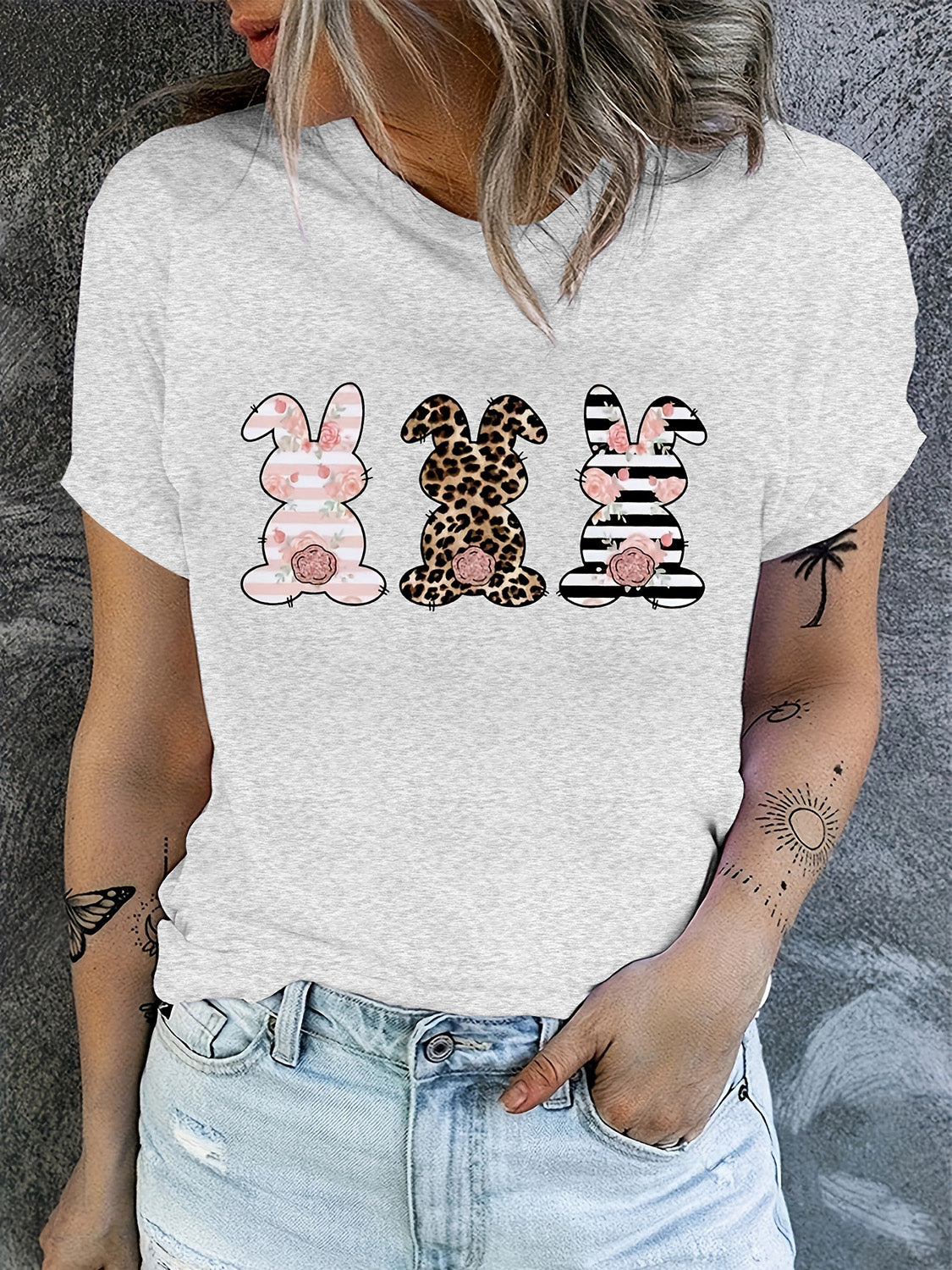 MeiMei Rabbit Graphic Round Neck Short Sleeve T-Shirt