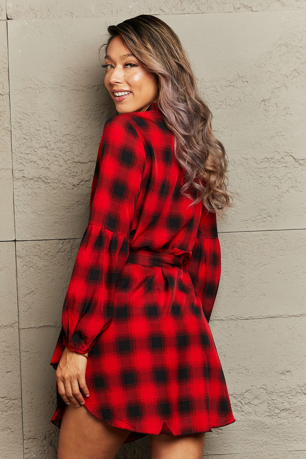 Honey Plaid Tie Waist Balloon Sleeve Mini Dress