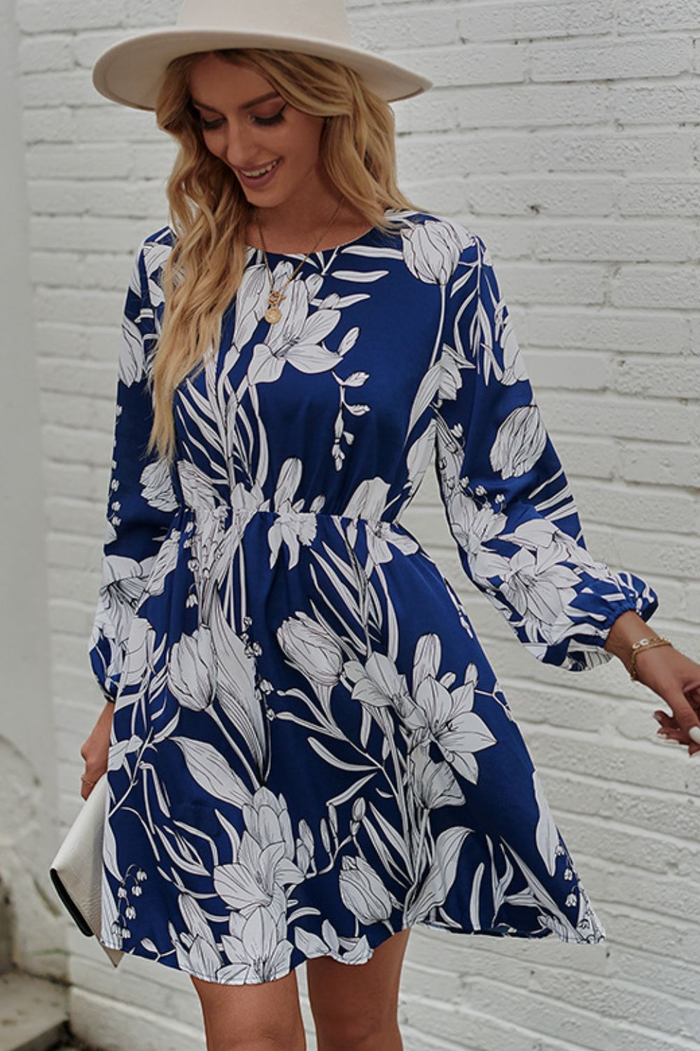 Honey Floral Round Neck Balloon Sleeve Mini Dress