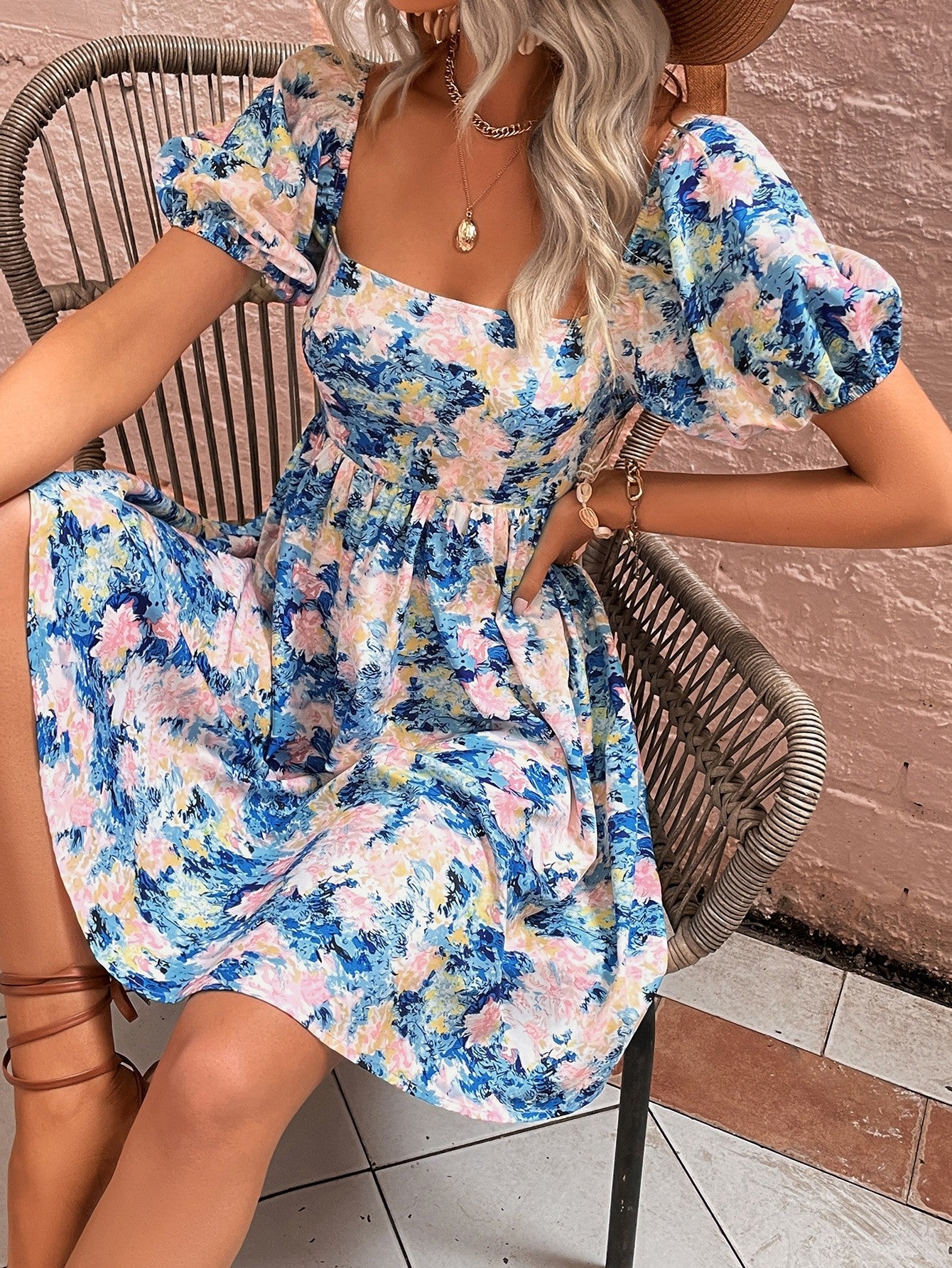 Honey Floral Square Neck Puff Sleeve Dress