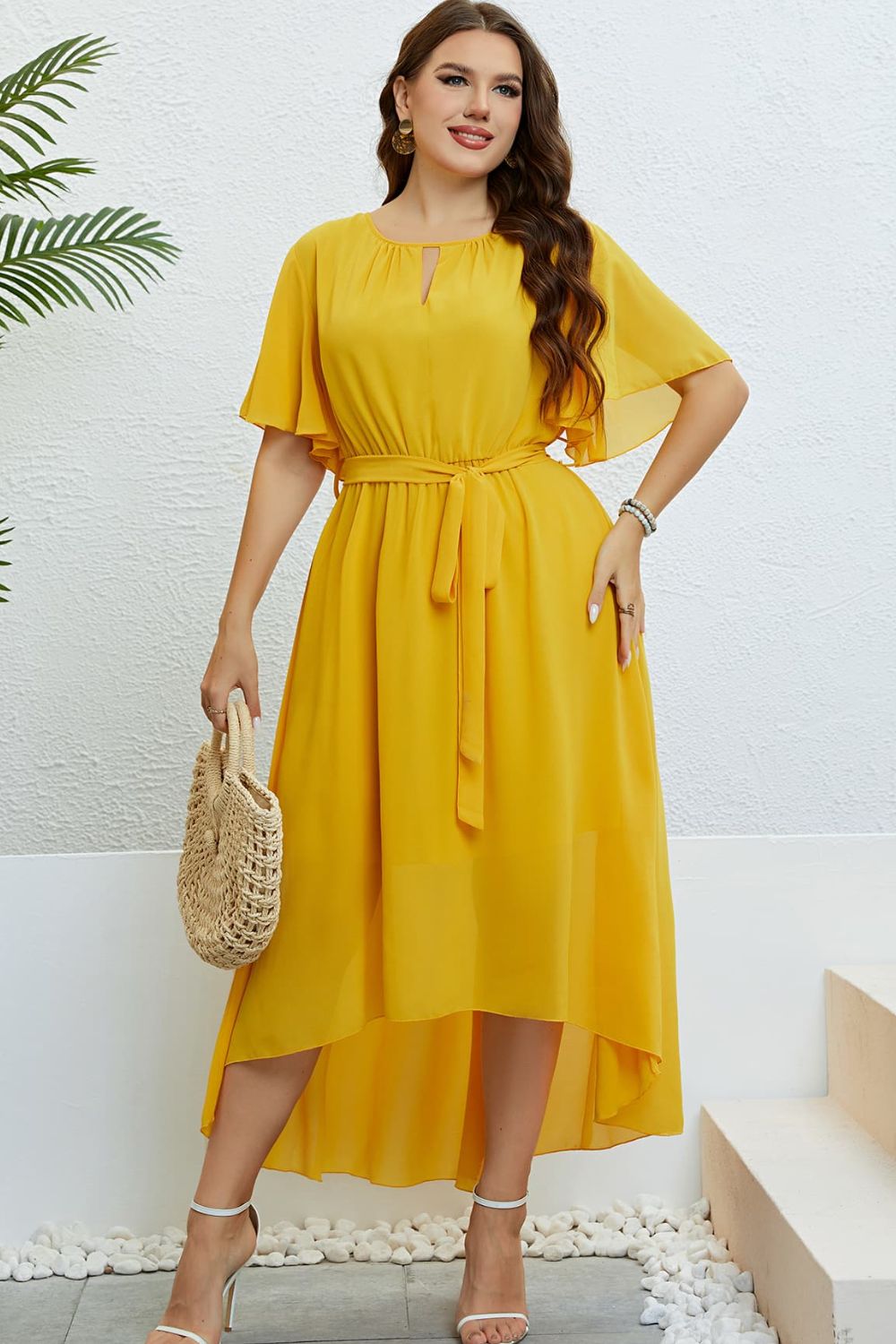 Honey Belted Flutter Sleeve High-Low Dress