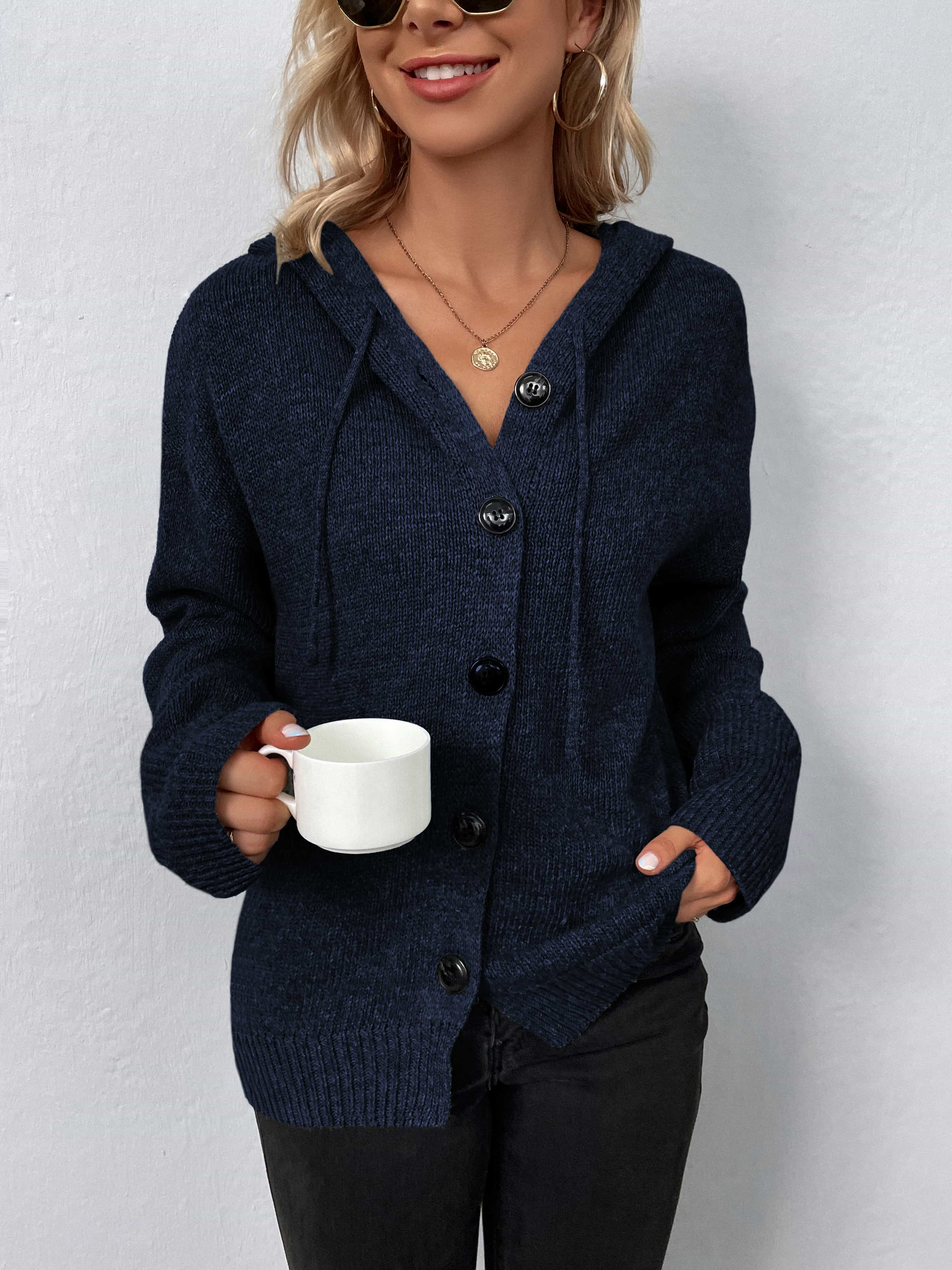 Button-Down Long Sleeve Hooded Sweater