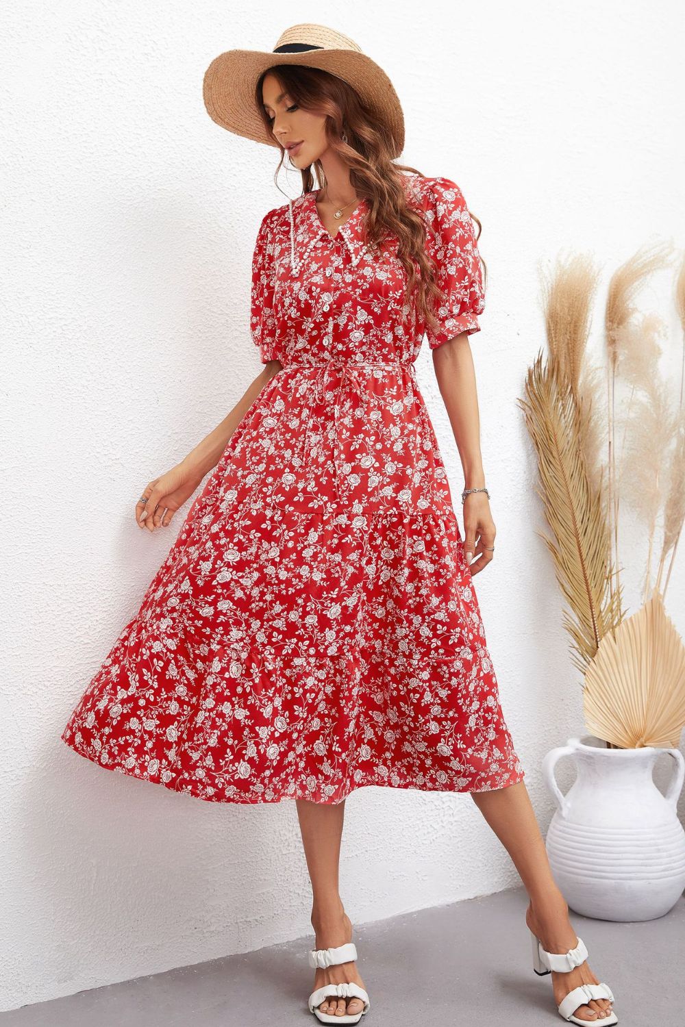 Honey Floral Tie Waist Puff Sleeve Midi Dress