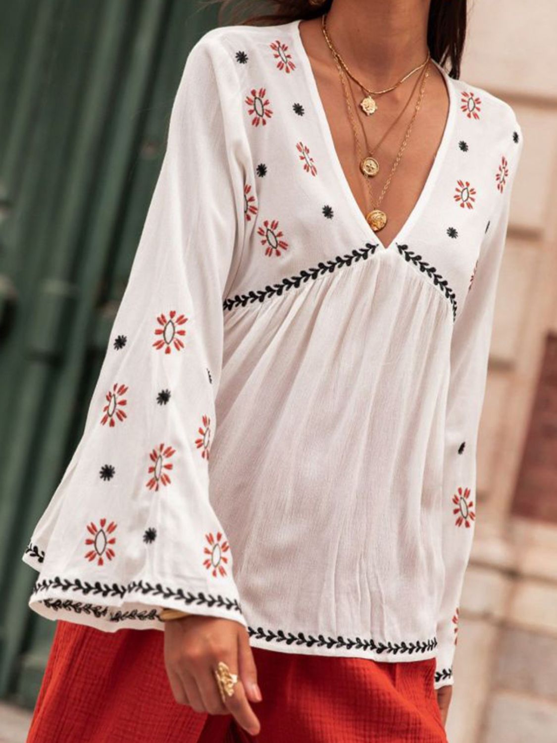 MeiMei Embroidered V-Neck Long Sleeve Blouse