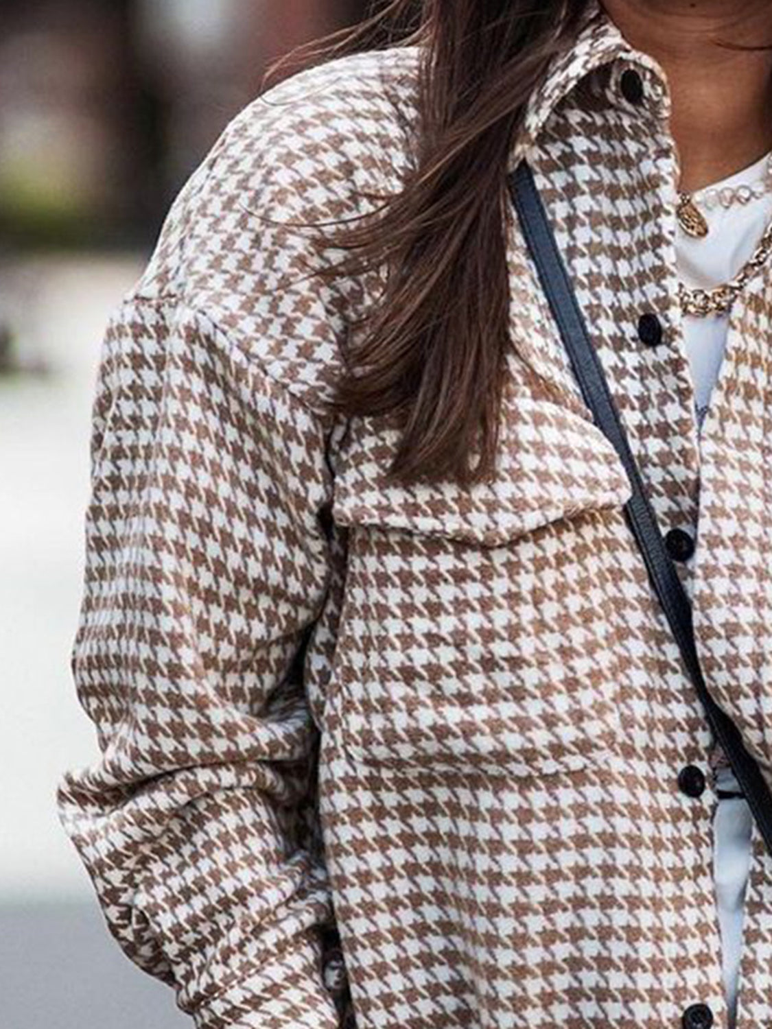 MeiMei Houndstooth Button Up Dropped Shoulder Jacket