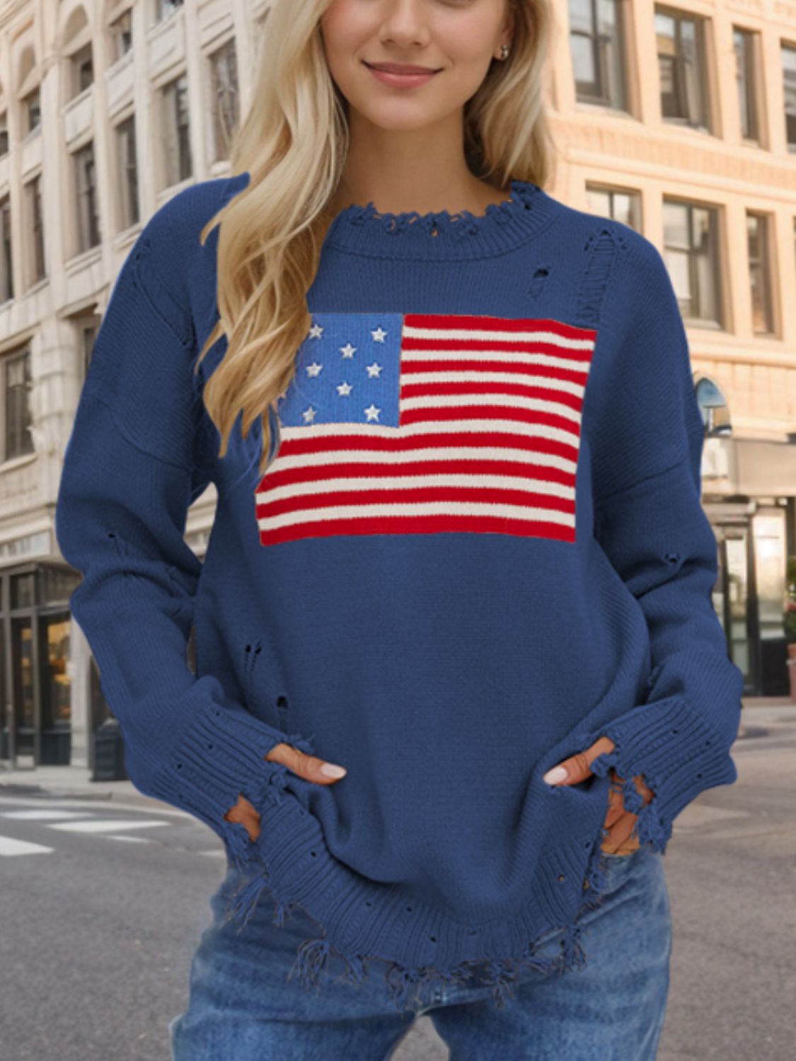 US Flag Distressed Round Neck Long Sleeve Sweater