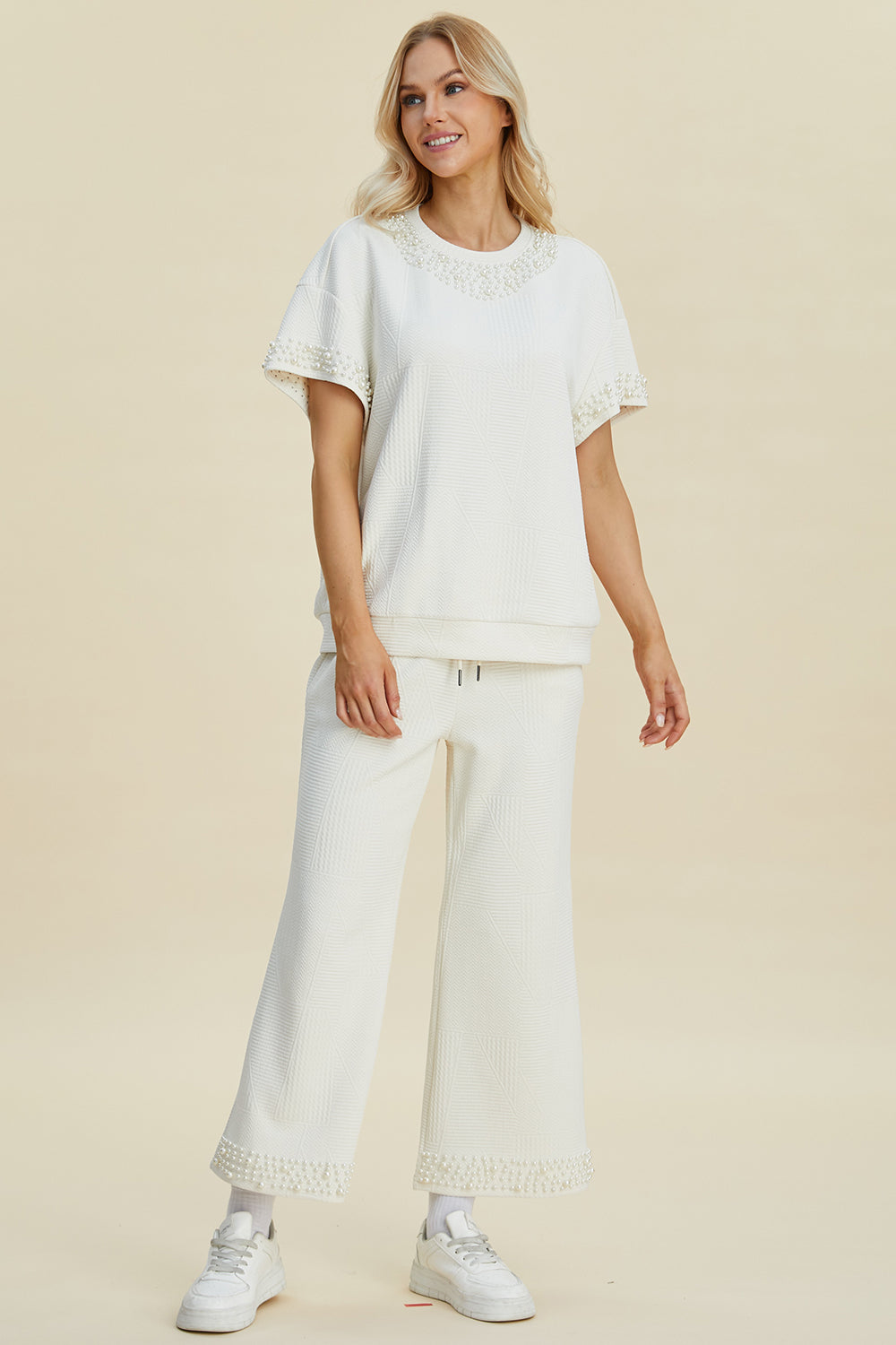 Double Take Full Size Pearl Detail Round Neck Top and Pants Set