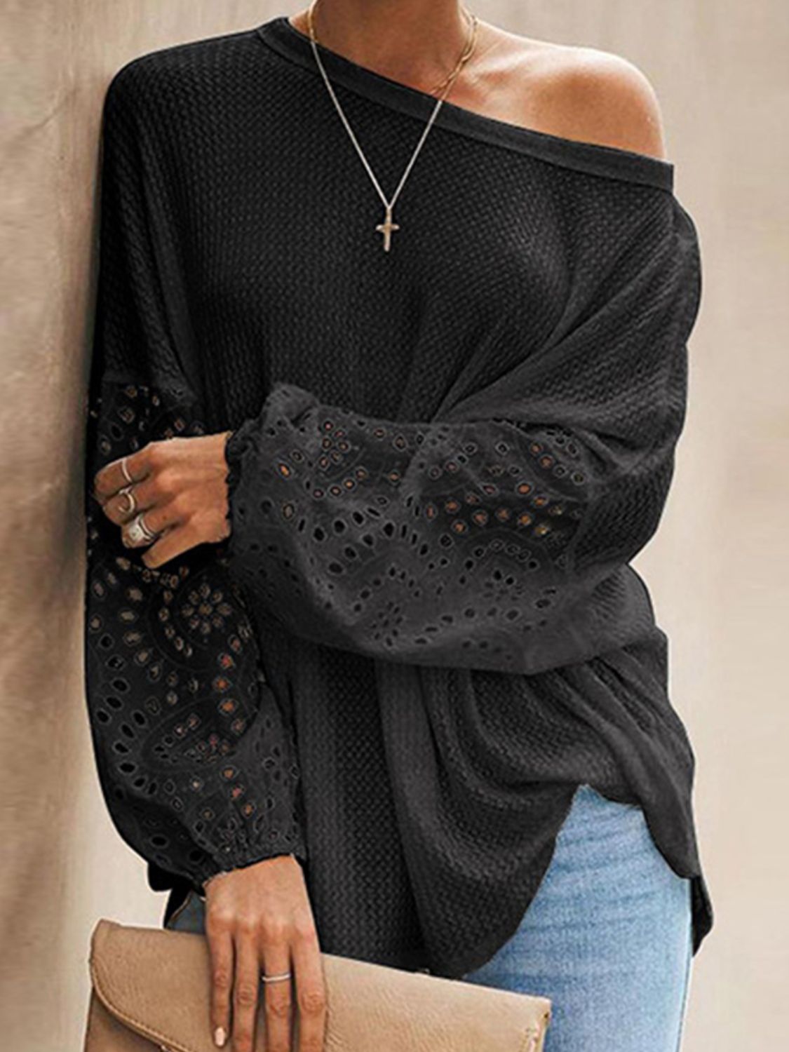 Shiny Openwork Dropped Shoulder Boat Neck Blouse