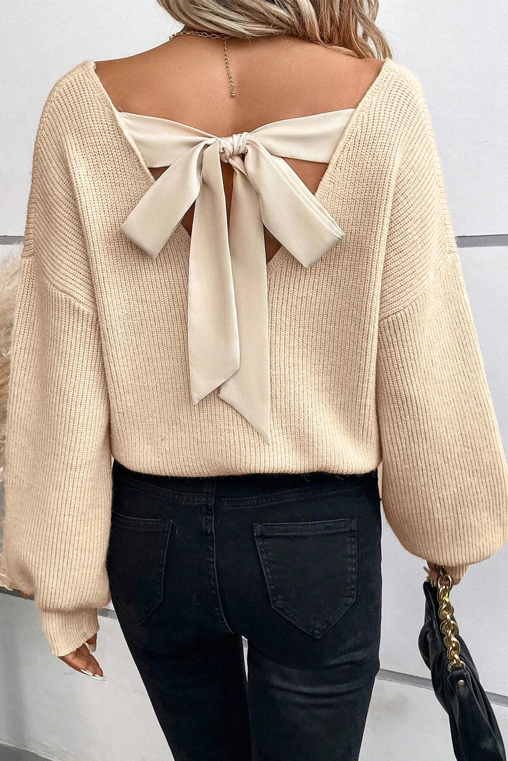 Tied V-Neck Long Sleeve Sweater