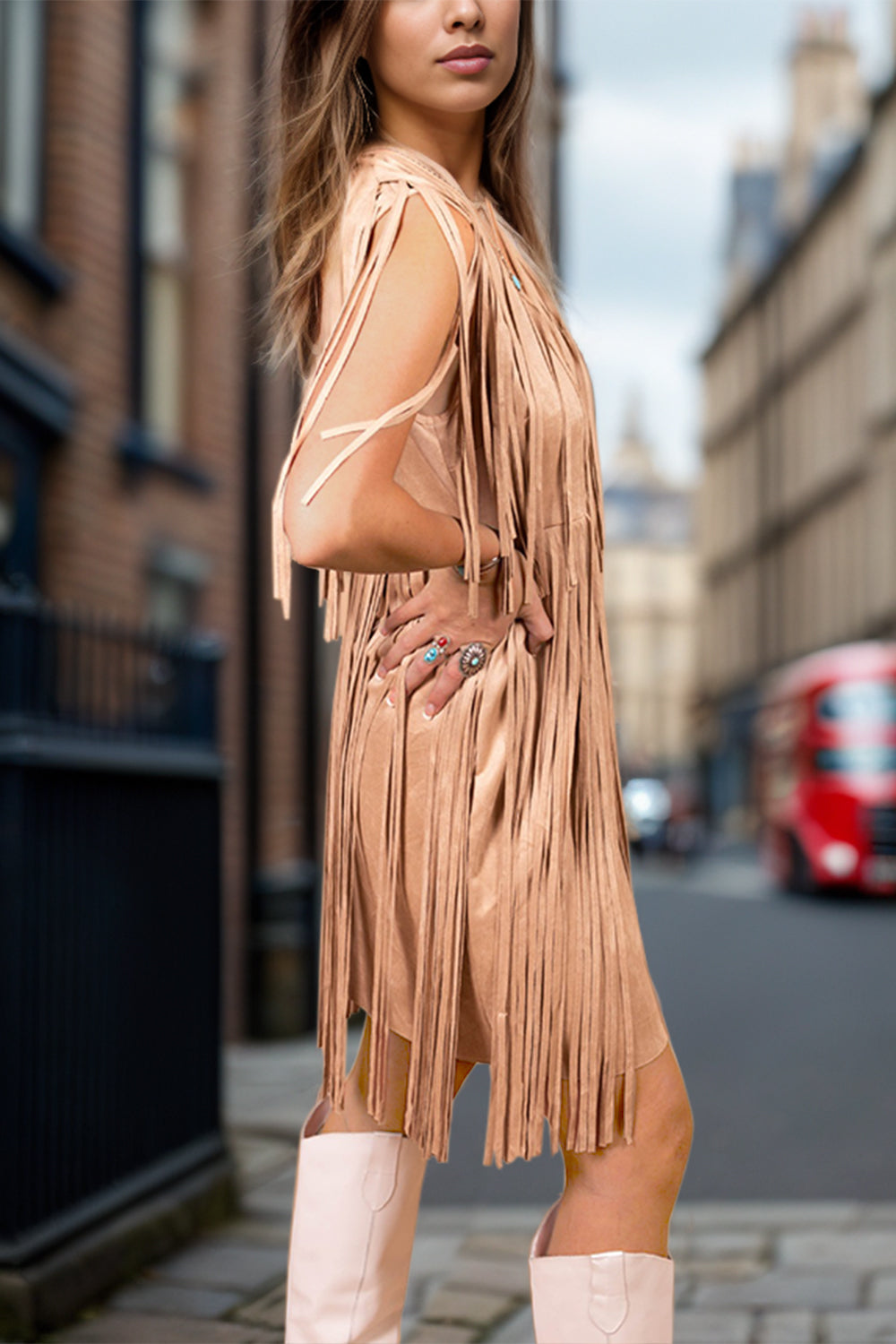 MeiMei Full Size Fringe V-Neck Sleeveless Mini Dress