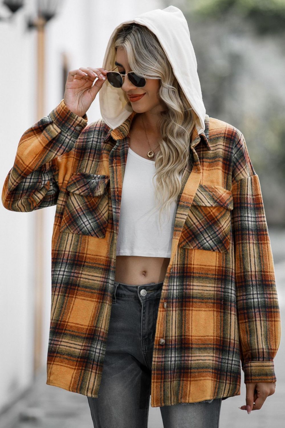 Double Take Drawstring Plaid Long Sleeve Hooded Shacket