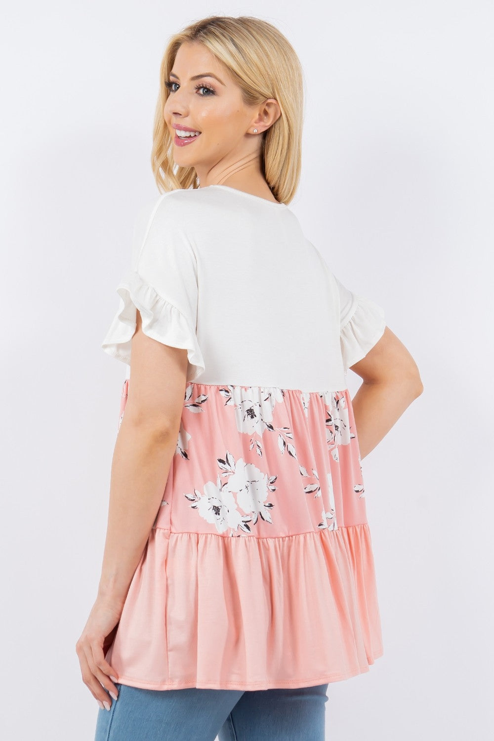 Celeste Full Size Floral Color Block Ruffled Short Sleeve Top