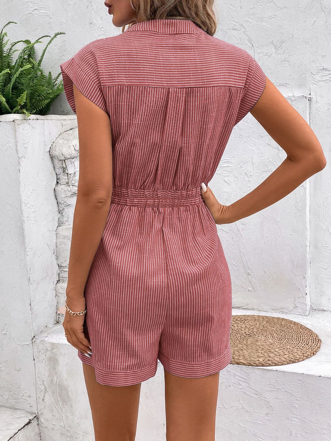 Perfee Striped Notched Tie Waist Romper