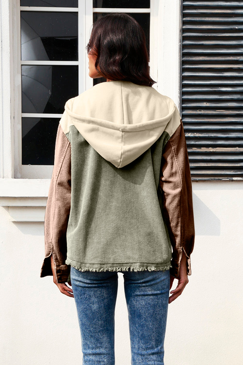 MeiMei Contrast Drawstring Snap Down Raw Hem Hooded Jacket