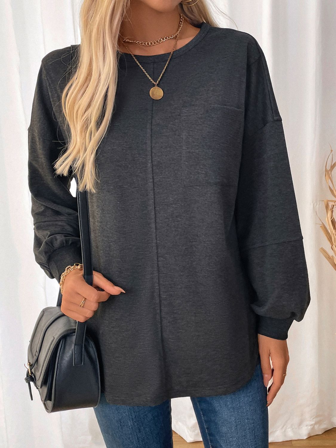 Perfee Pocketed Round Neck Long Sleeve Sweatshirt