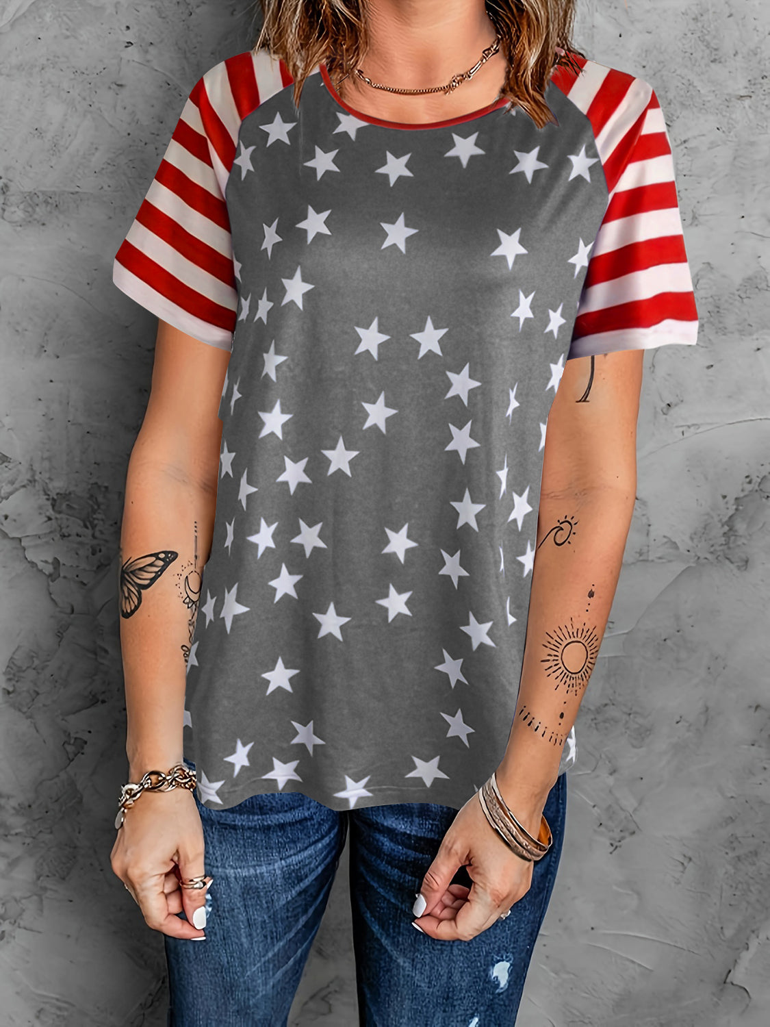 MeiMei Full Size Star Striped Round Neck Short Sleeve T-Shirt