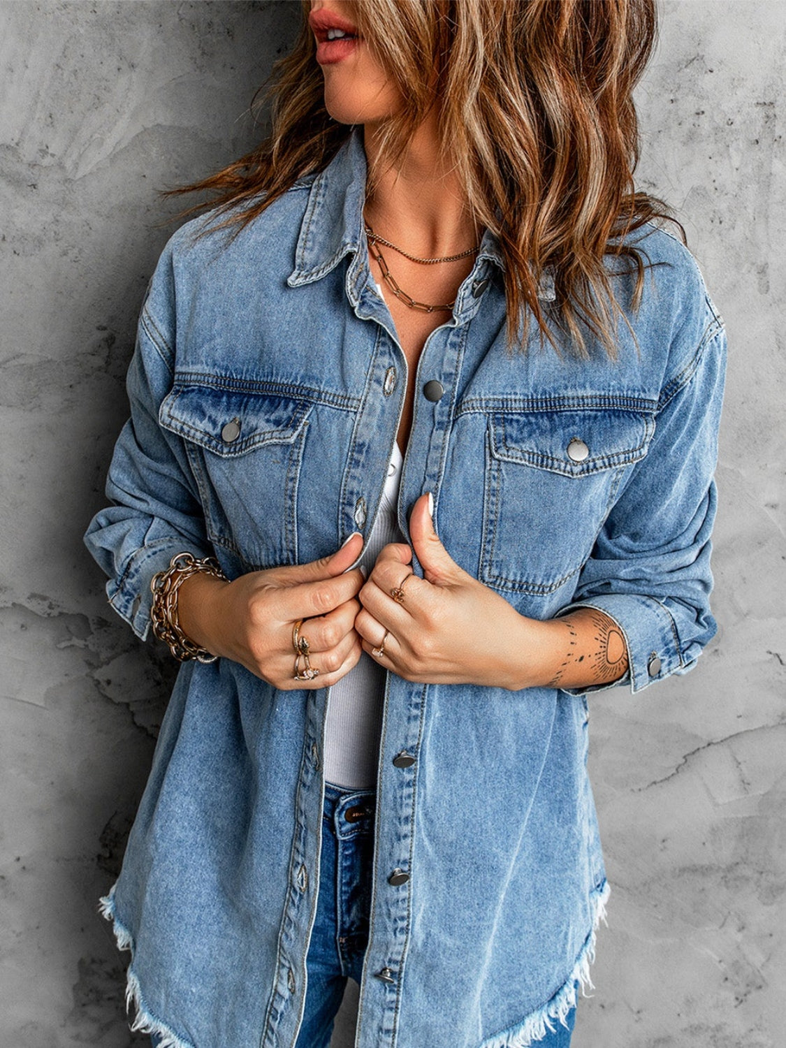 MeiMei Frayed Hem Collared Denim Jacket