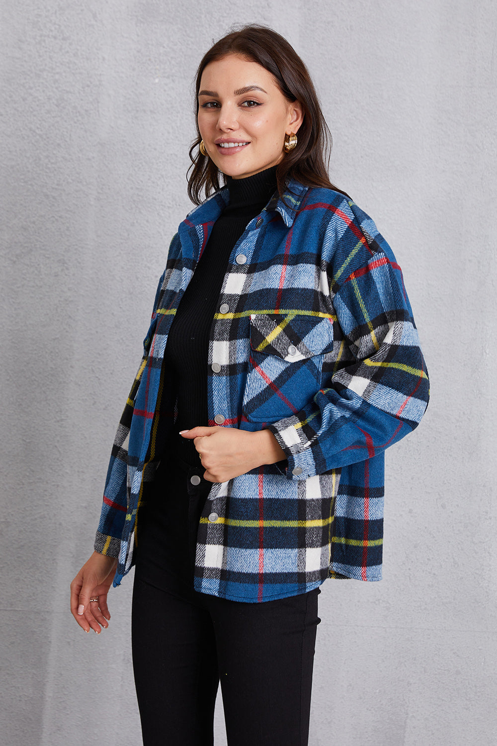 MeiMei Plaid Button Up Dropped Shoulder Jacket