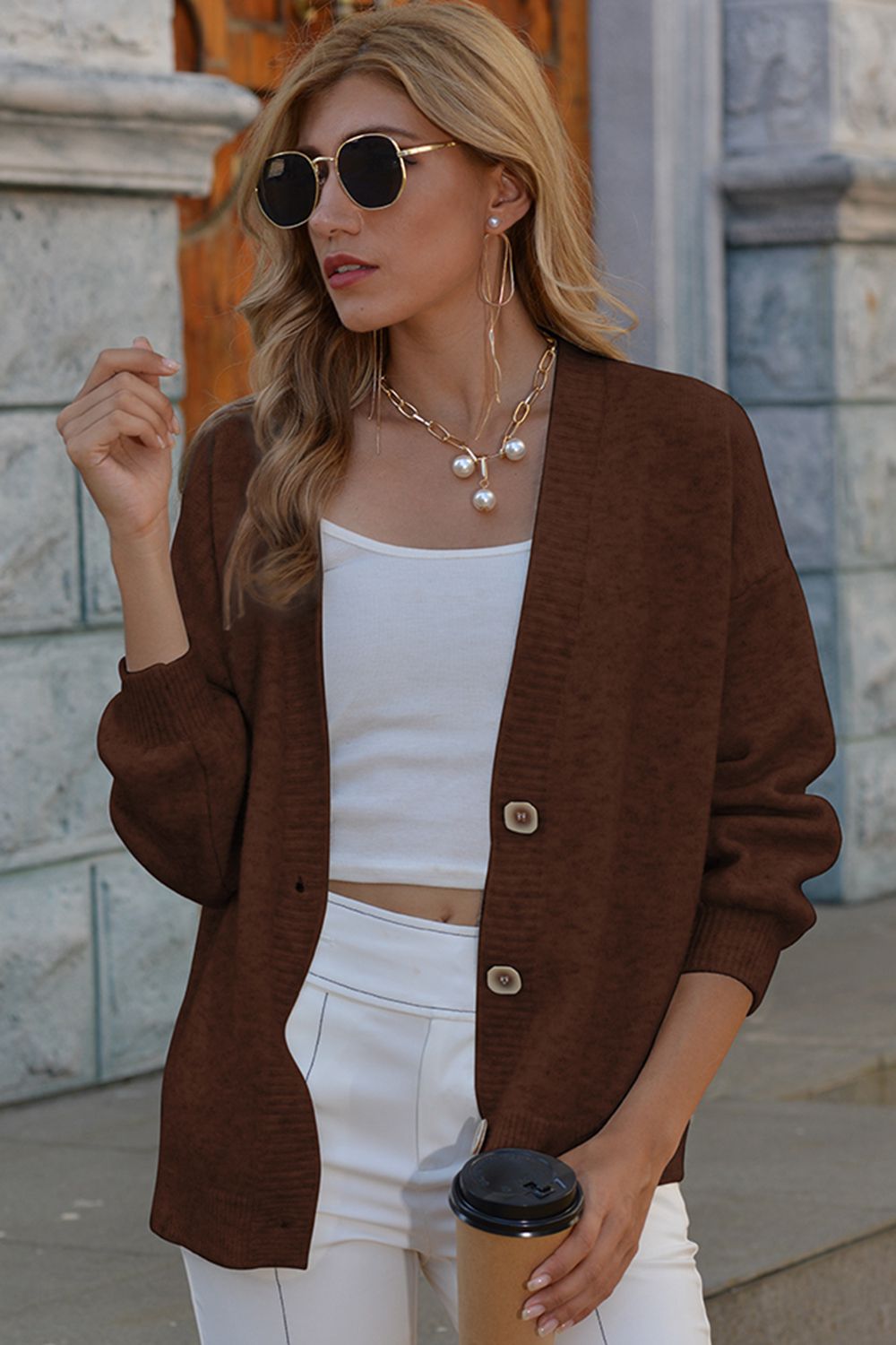 Shiny V-Neck Button-Down Dropped Shoulder Cardigan