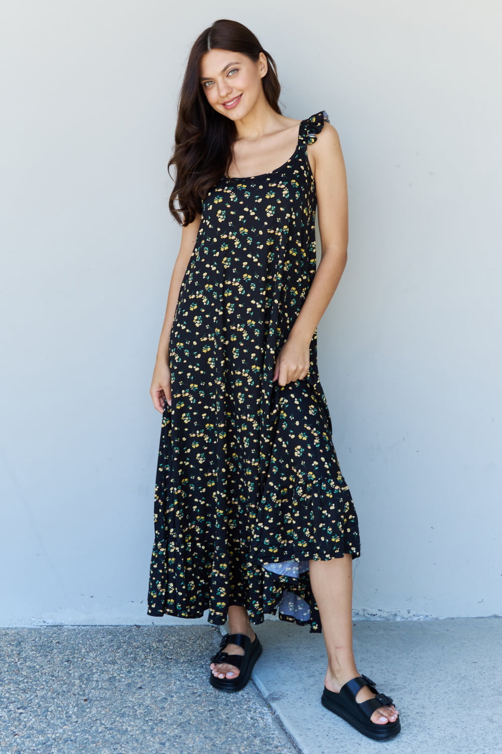 Ninexis In The Garden Ruffle Floral Maxi Dress in  Black Yellow Floral