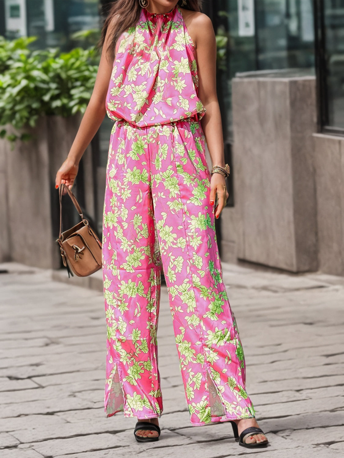 MeiMei Printed Mock Neck Sleeveless Jumpsuit