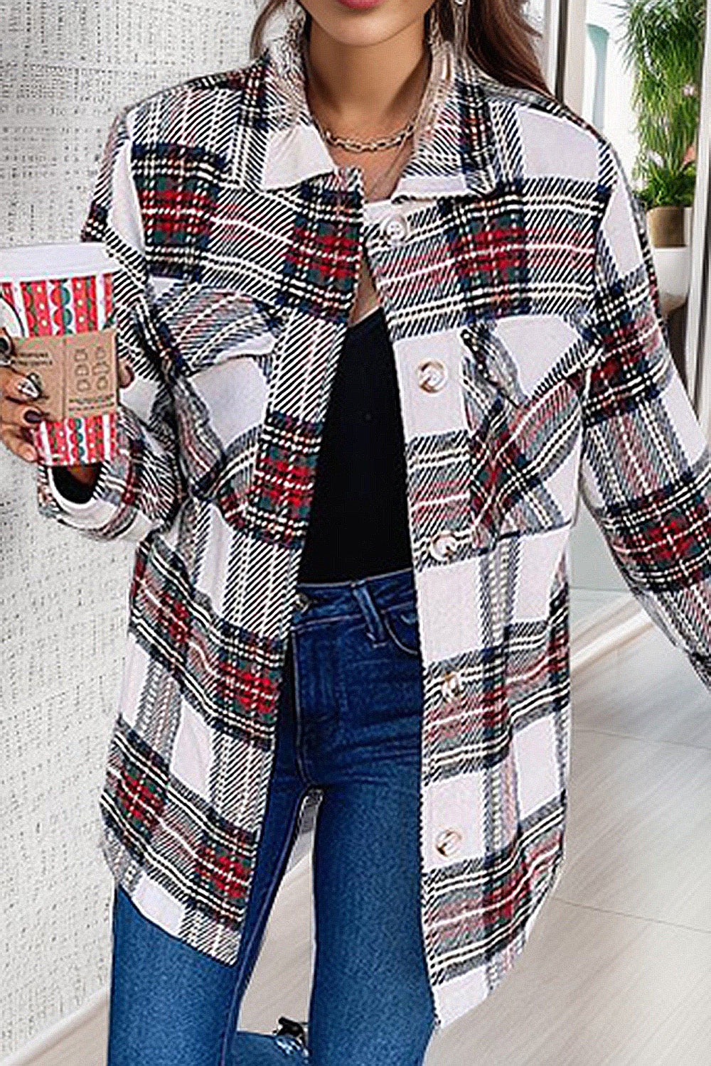 MeiMei Plaid Pocketed Button Up Jacket