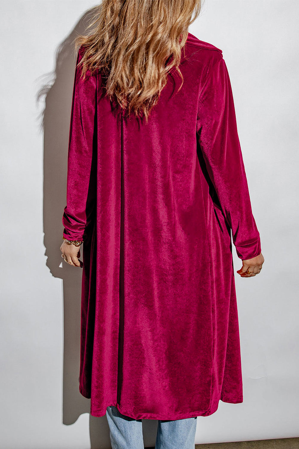 Honey Collared Neck Longline Velvet Cardigan with Pockets