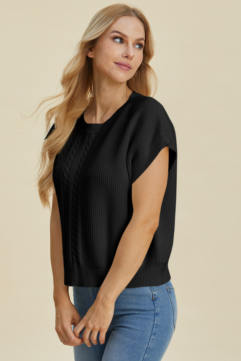 Double Take Full Size Cable-Knit Round Neck Short Sleeve Sweater