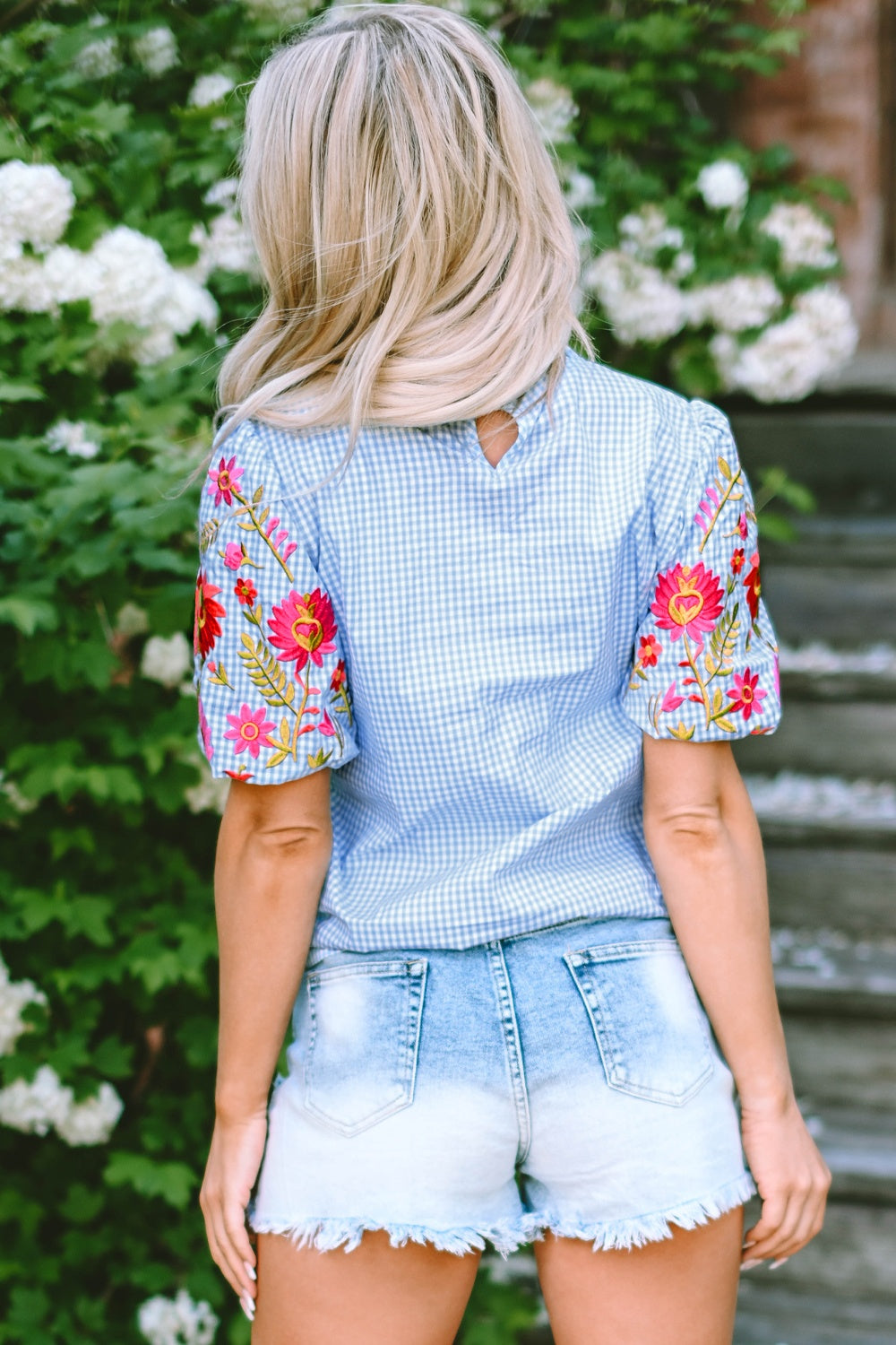 Embroidered Plaid Round Neck Short Sleeve Blouse