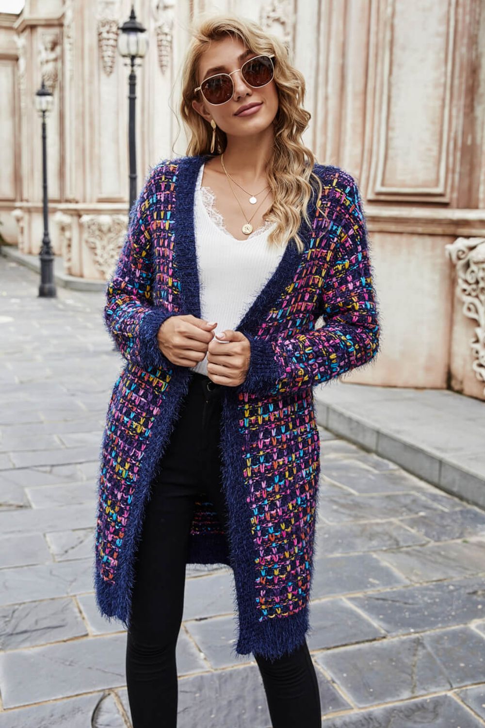 Angel Wings Multicolored Ribbed Trim Open Front Cardigan with Pockets