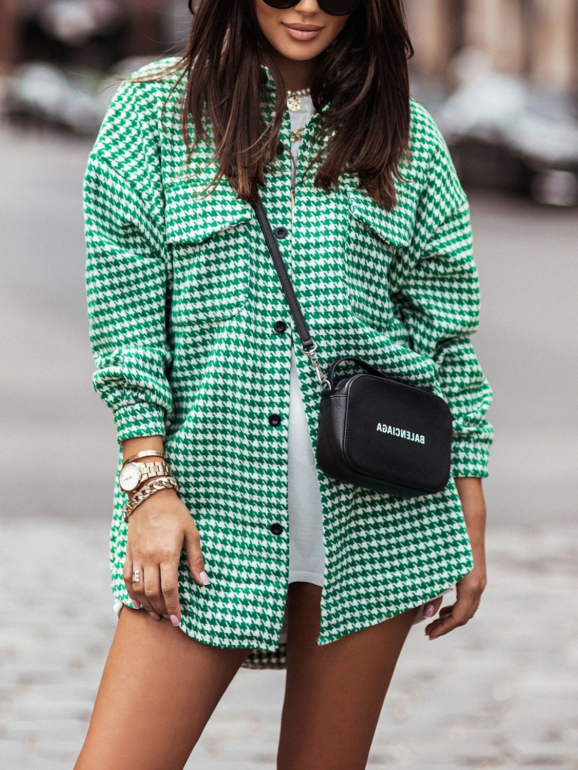 MeiMei Houndstooth Button Up Dropped Shoulder Jacket