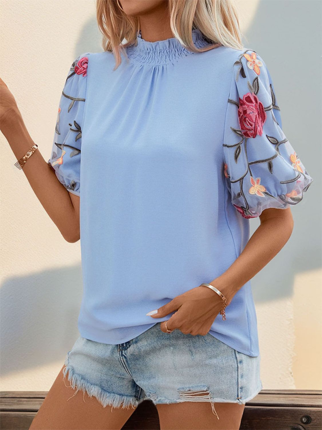 Perfee Embroidered Mock Neck Puff Sleeve Blouse