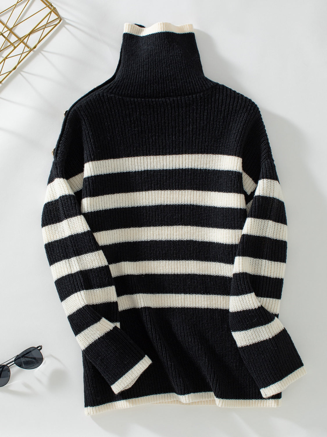 Buttoned Striped Long Sleeve Sweater