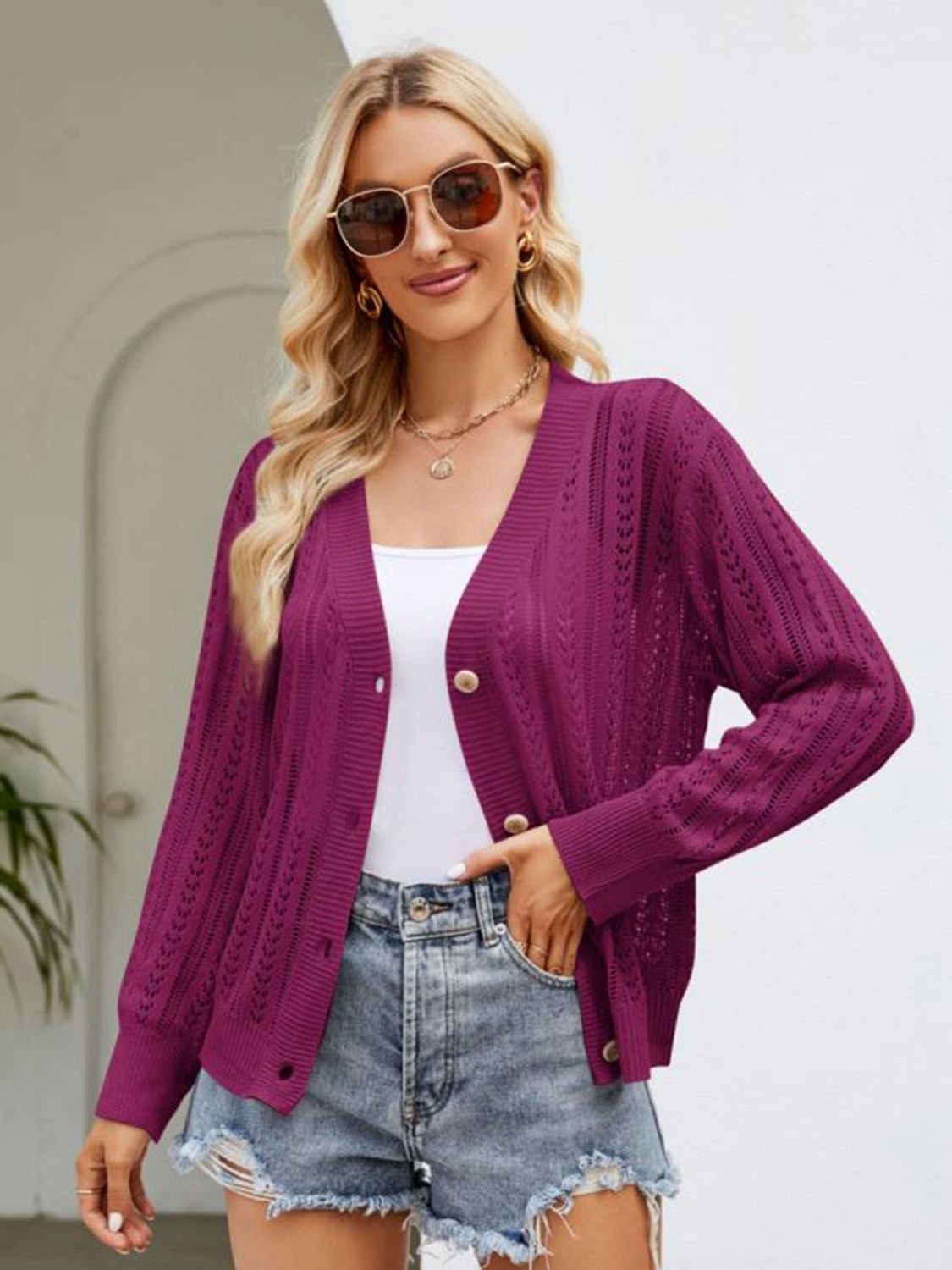 Button Down Ribbed Trim Cardigan