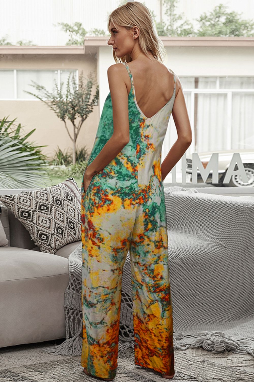 Shiny Tie-Dye Spaghetti Strap Jumpsuit with Pockets