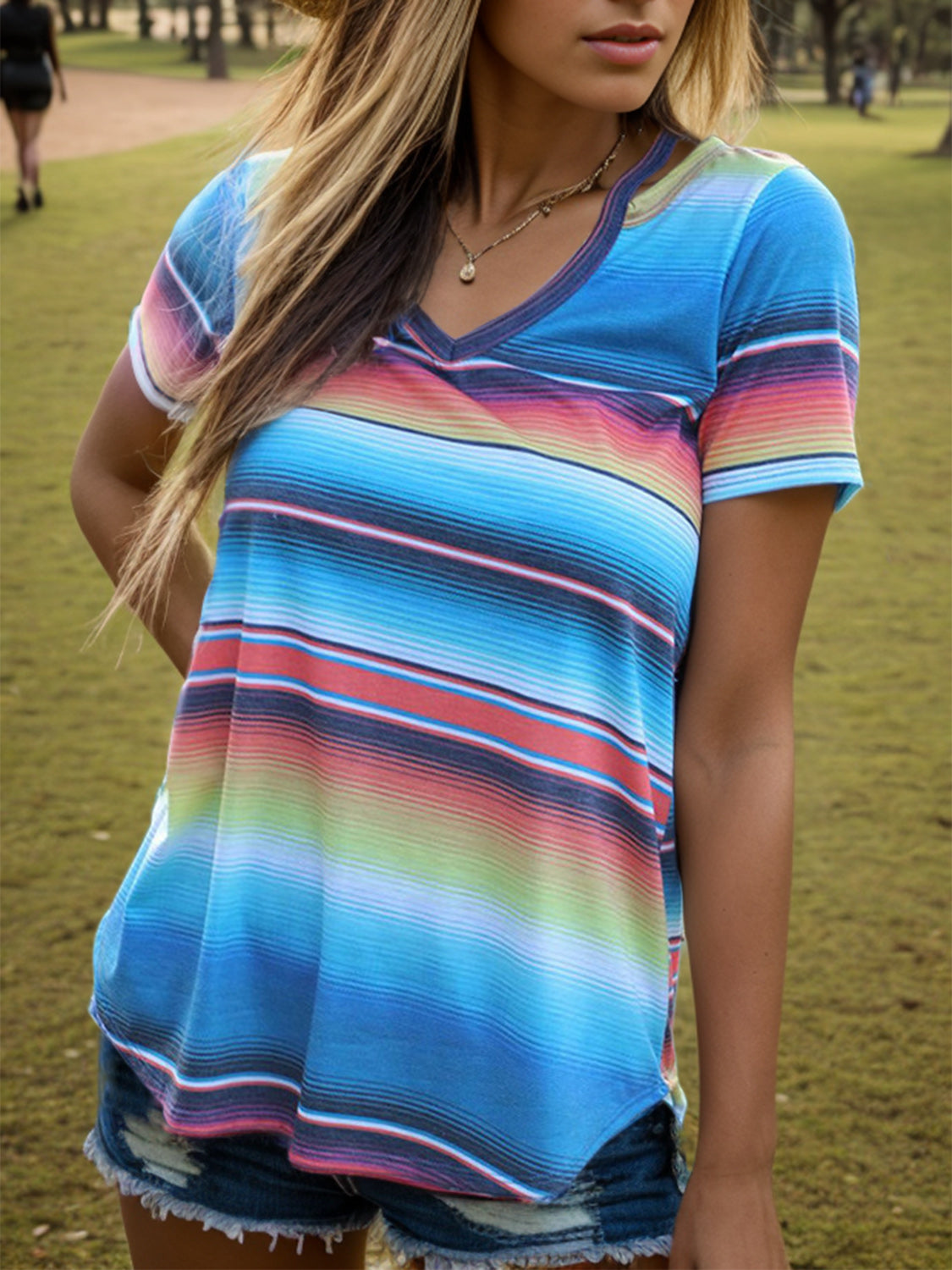 MeiMei Striped V-Neck Short Sleeve T-Shirt