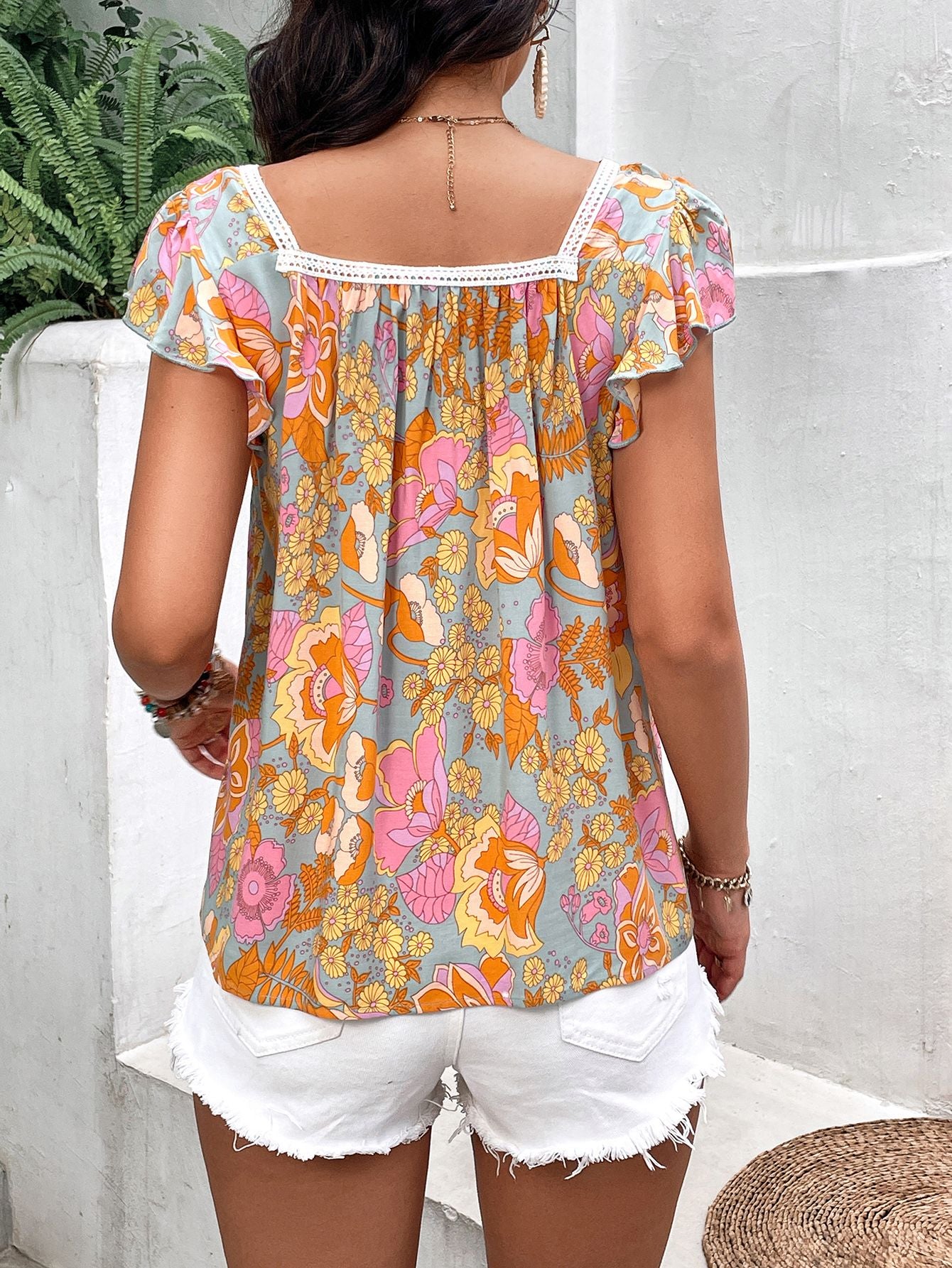 Honey Floral Square Neck Flutter Sleeve Blouse