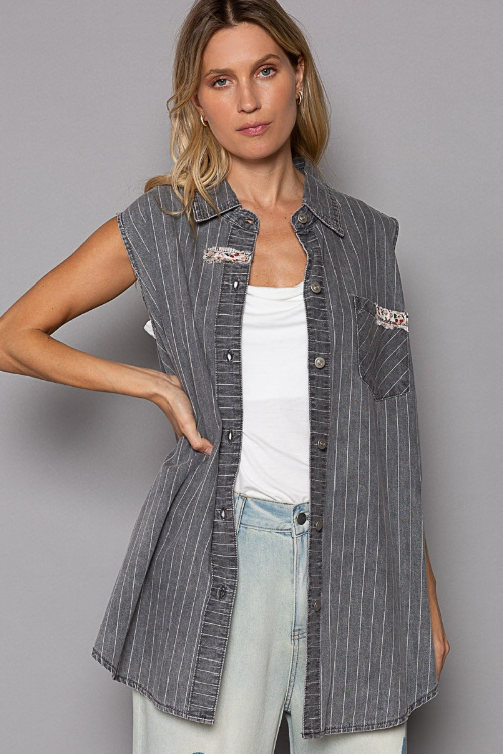 POL Button Down Sleeveless Striped Denim Shirt