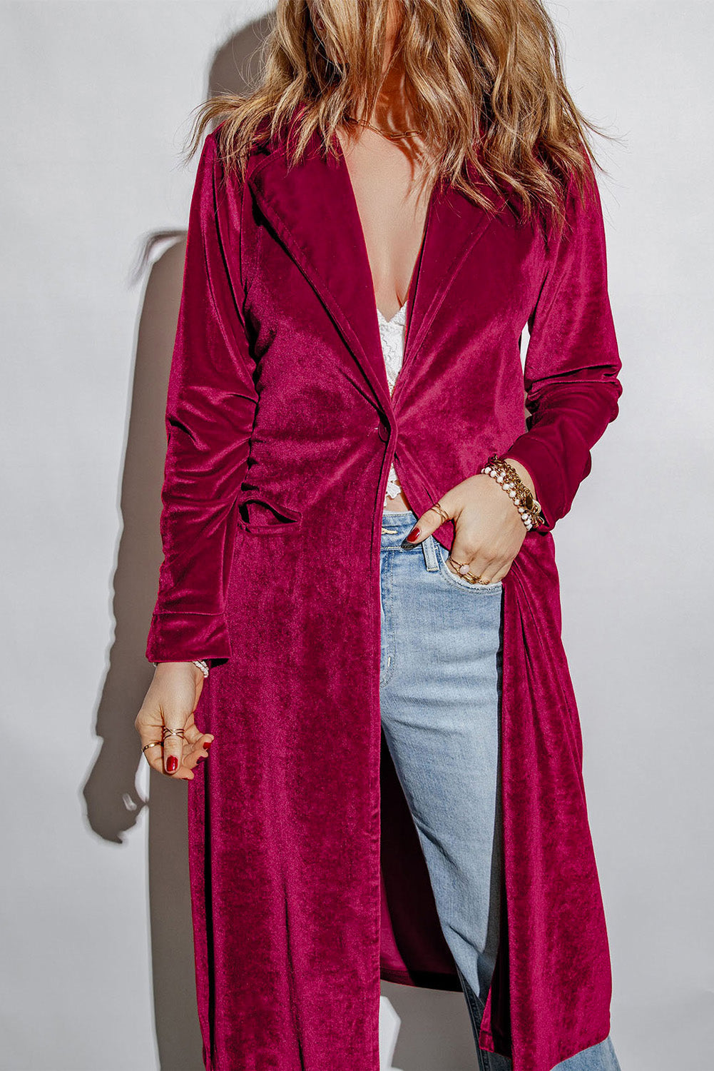 Honey Collared Neck Longline Velvet Cardigan with Pockets