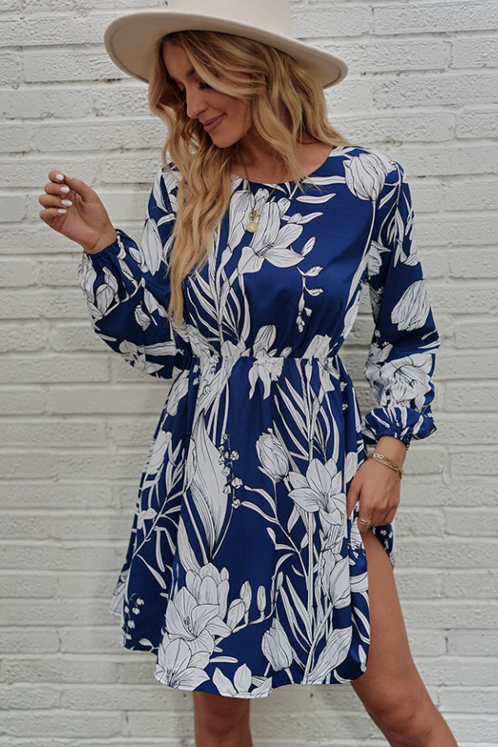 Honey Floral Round Neck Balloon Sleeve Mini Dress