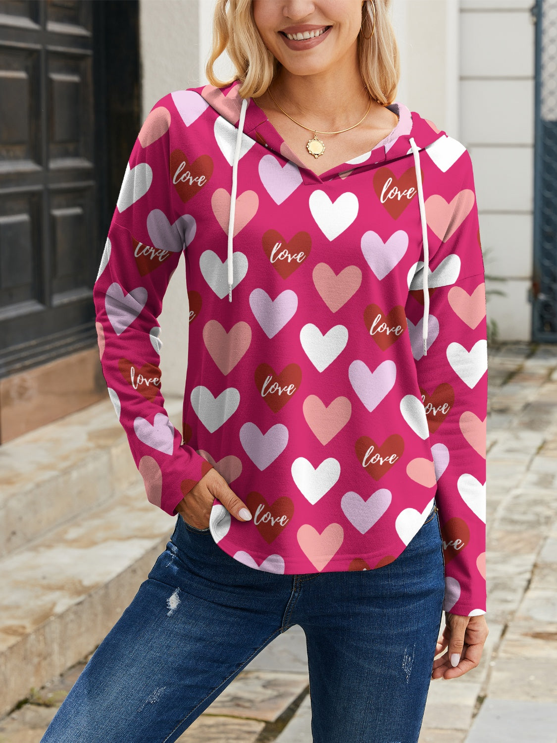 FAM-FAM Heart Drawstring Dropped Shoulder Hoodie