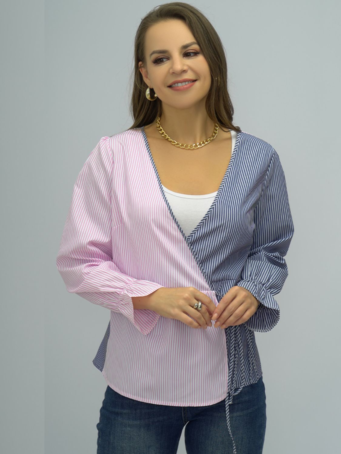 Shiny Surplice Neck Striped Long Sleeve Blouse