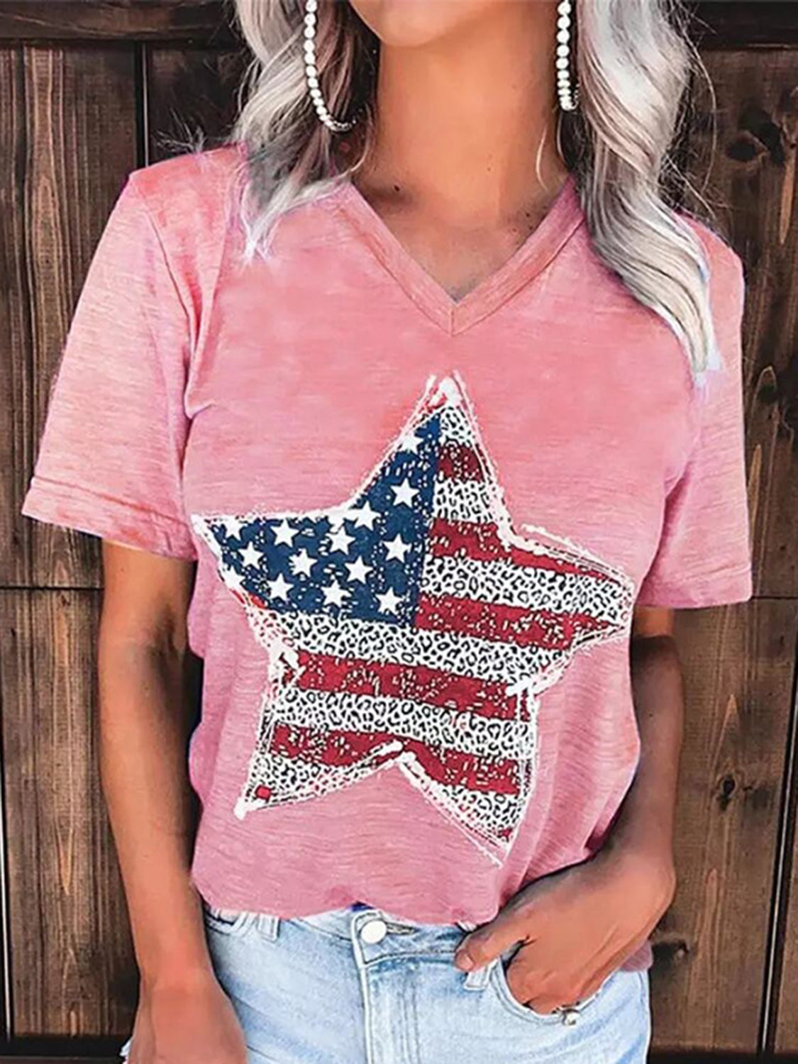 MeiMei US Flag Graphic V-Neck Short Sleeve T-Shirt