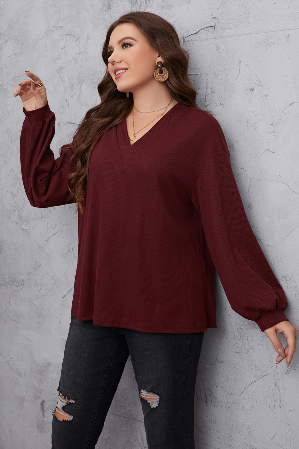 Honey Melo Apparel Plus Size V-Neck Dropped Shoulder Blouse