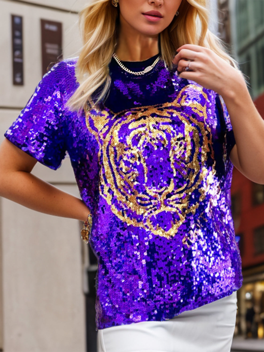 MeiMei Tiger Sequin Round Neck Short Sleeve T-Shirt