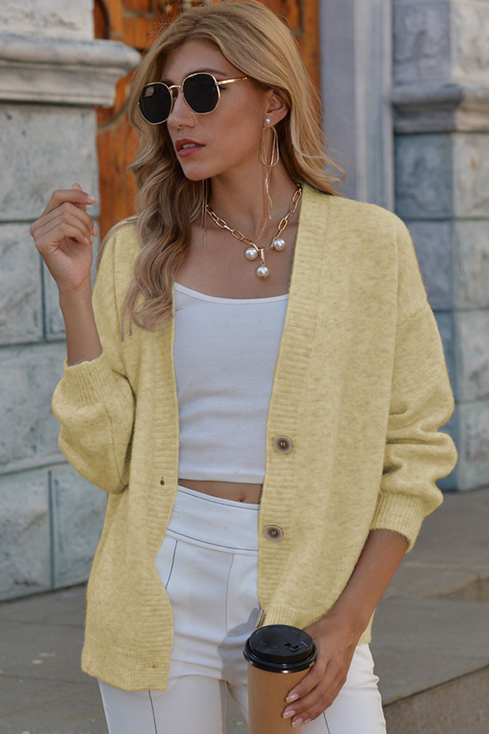 Shiny V-Neck Button-Down Dropped Shoulder Cardigan